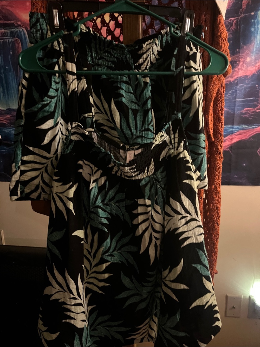 Black Tropical Leaf Sleep Set with Teal & Cream Print